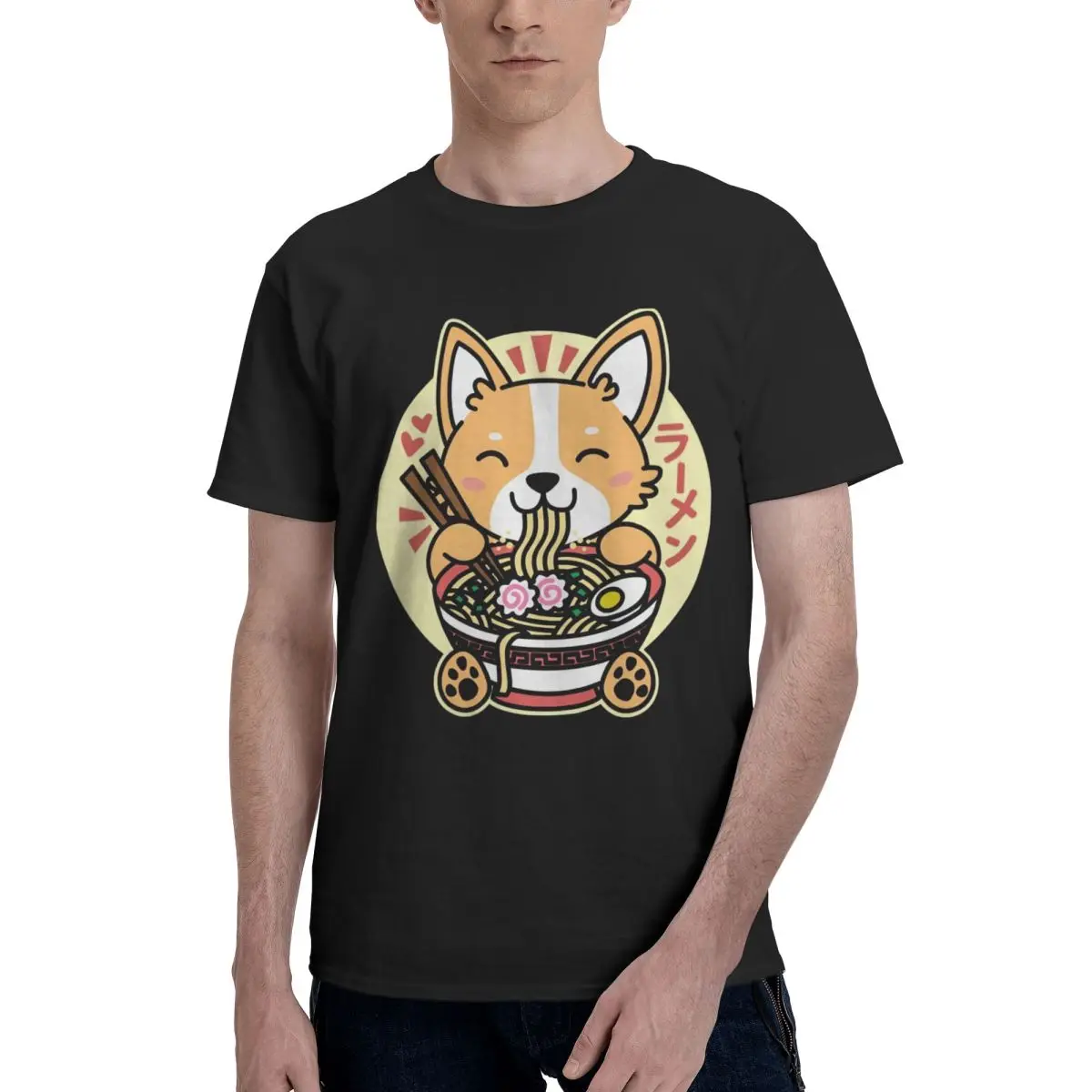 Men Shiba Inu Eating Ramen Dog Fans Gifts T Shirt Vintage Cotton Crewneck Men T Shirt