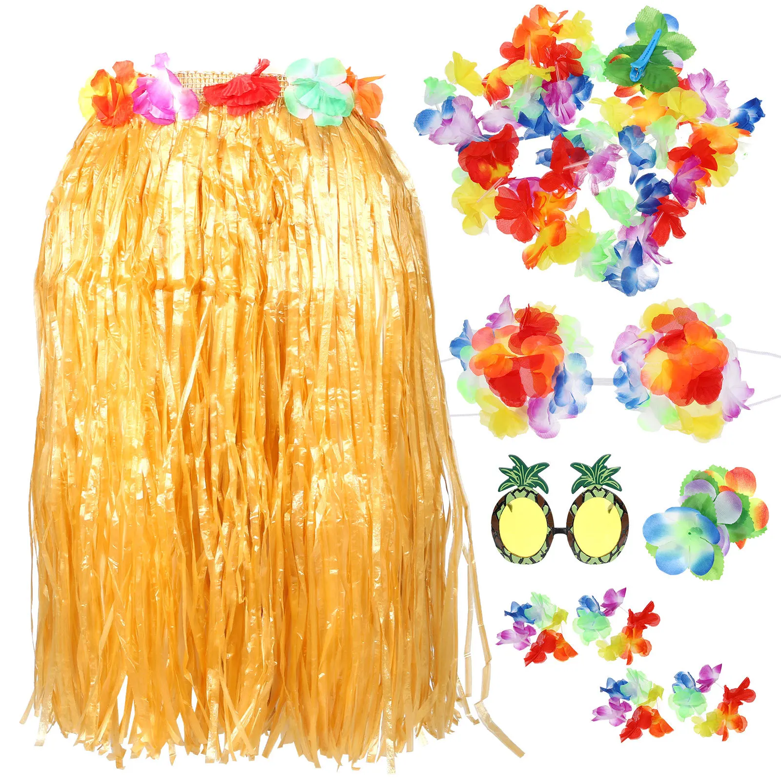 1 conjunto de saia de grama havaiana para mulheres, fantasia de festa luau, top de biquíni, guirlanda, pulseira, praia, vestido tropical, festa