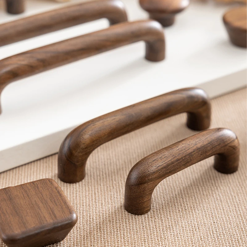 AOBT Natural Wood Color Cabinet Doors with Solid Wood Handles Beech & Black Walnut Drawer Wooden Door Handles for Kitchen Bathro