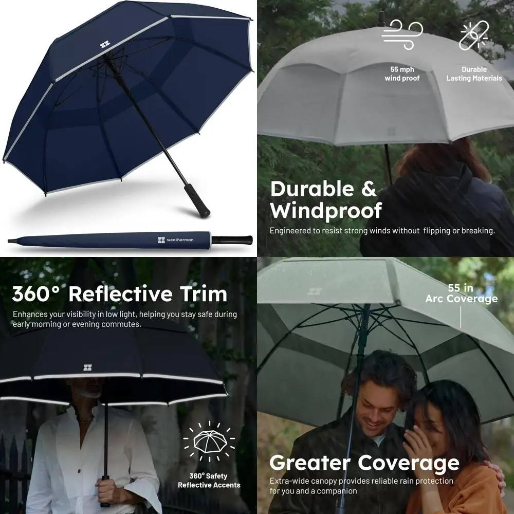 

Weatherman Umbrella - Stick Umbrella - Windproof Umbrella Resists Up to 55 MPH Winds (Navy Blue)