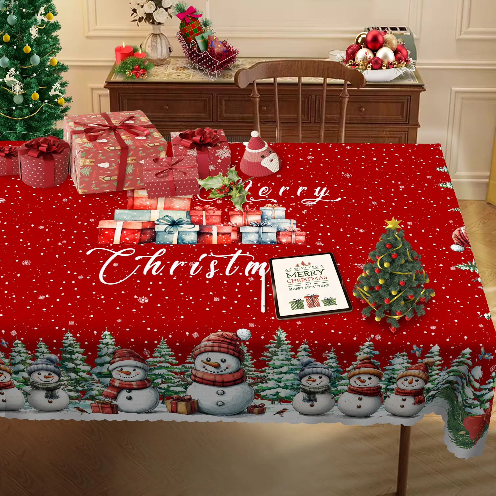 Cute Snowman-Themed Tablecloth, Snowy Pine Forest, Adorable Snowman Wearing a Christmas Hat, Beautifully Packaged Gift Box, Scattered Snowflake Print, Embossed Edge Craftsmanship, Waterproof, Wrinkle-Resistant, Fade-Resistant, Round or Rectangular Options Available, Suitable for Indoor and Outdoor Dining Tables in Winter, Perfect for Home Kitchen, Restaurant, Terrace, and Courtyard Use, Ideal for Holiday Party Decoration, Perfect Christmas Gift Sj049