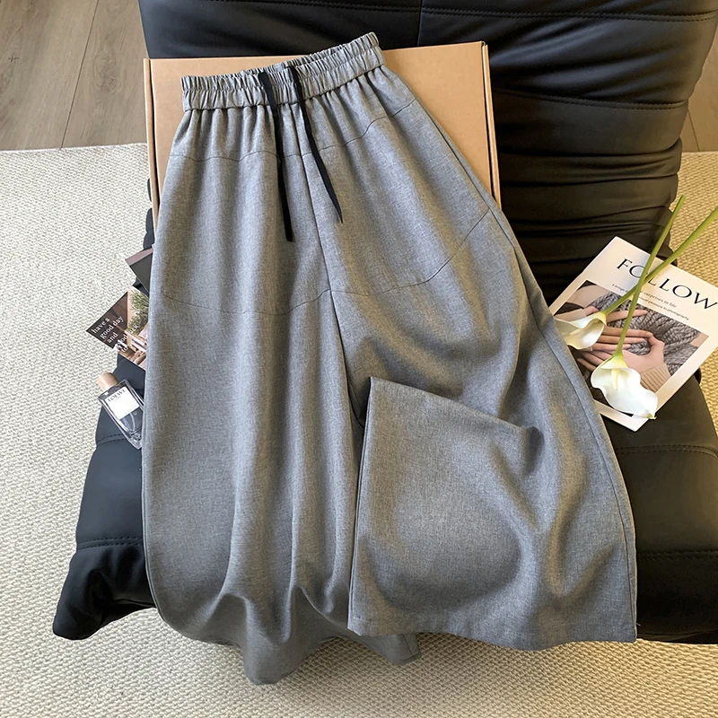 Elegant Grey Wide Leg Pants Loose Women's Trousers Skirt Pants Retro Style Casual Long Pants for Ladies Other Material 100%