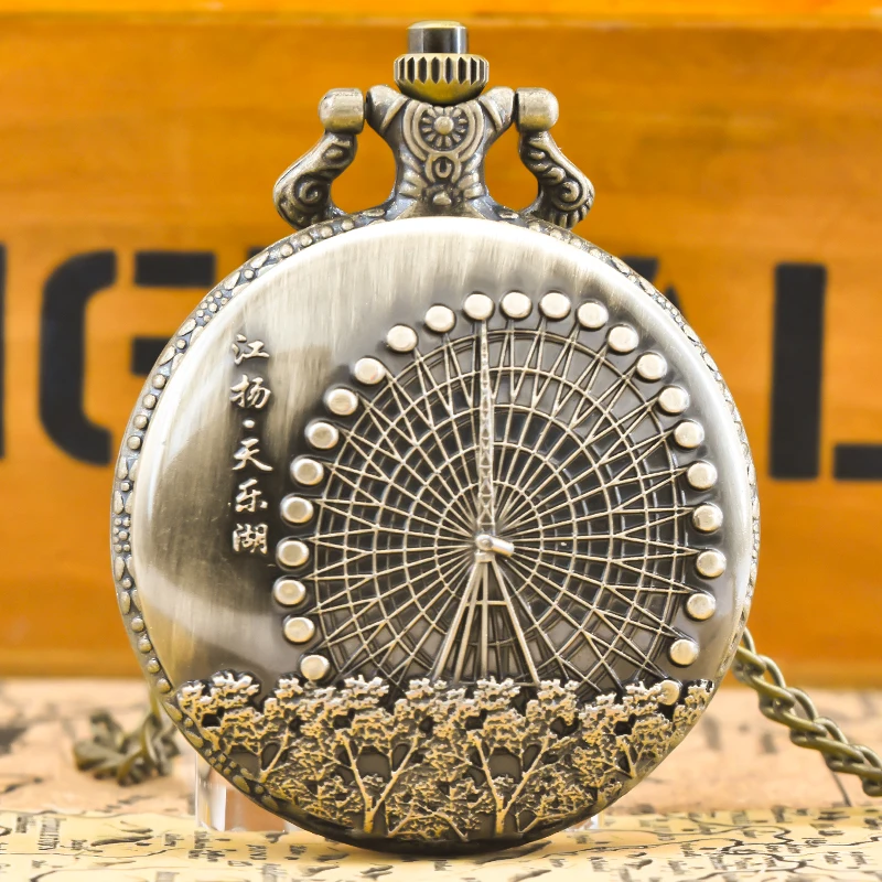 خمر البرونزية Steampunk دُولابٌ دَوّار منحوتة ساعة جيب كوارتز قلادة قلادة ساعة سلسلة الرجال سلسلة نسائية هدية