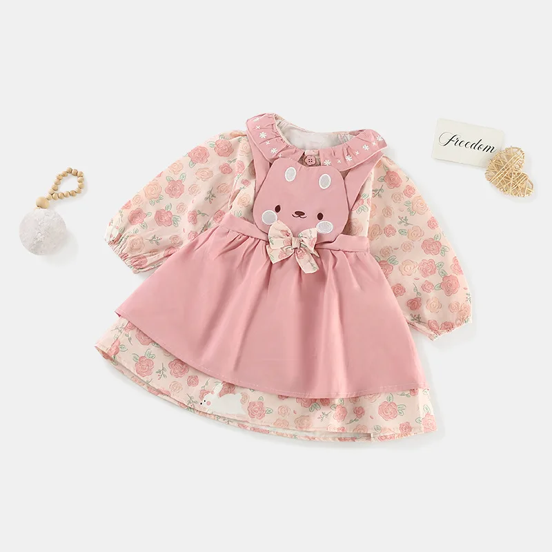 

Baby Girls 2PCS Strappy Dress Set Spring Autumn Bowknot Cartoon Eyes Suspender Dress Floral Dress Suit Children Girls Outfits