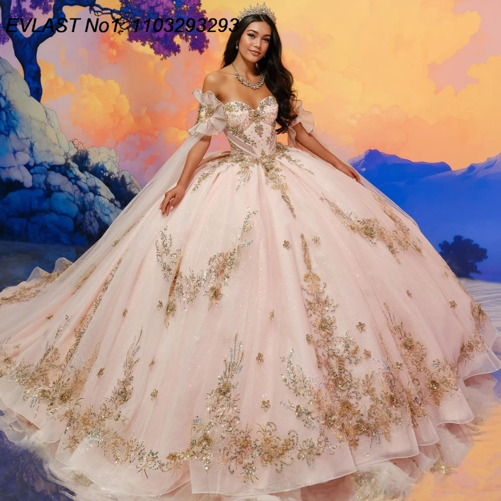 

EVLAST Customized Princess Pink Ball Gown Quinceanera Dress Gold Lace Applique Beading Bow Sweet 16 Vestidos De 15 Anos E1QN342