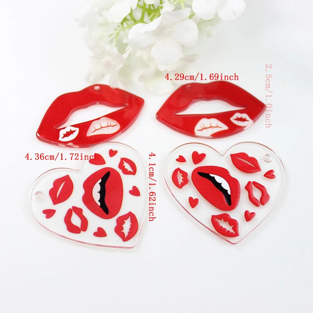 10Pcs/ Acrylic Valentine Day Sexy Heart Red Lip Kiss Me Mouth Charm Pendant For Diy Earring Necklace KeyChain Jewelry Making