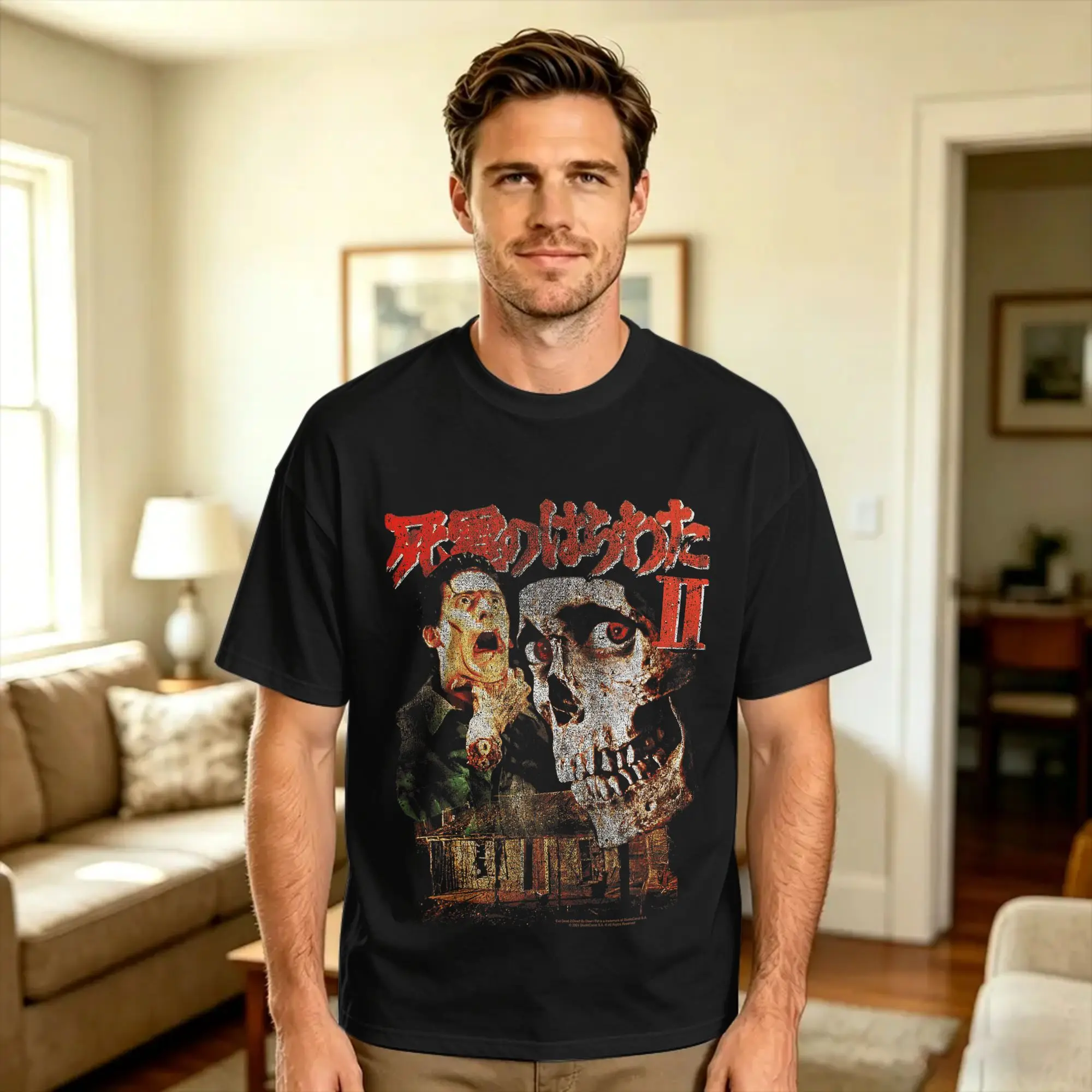 Evil Dead 2 Ash Williams Skull Kanji Poster Collage Horror T Shirt Summer  Trending T-Shirts Pure Cotton O-Neck Plus Size Tees