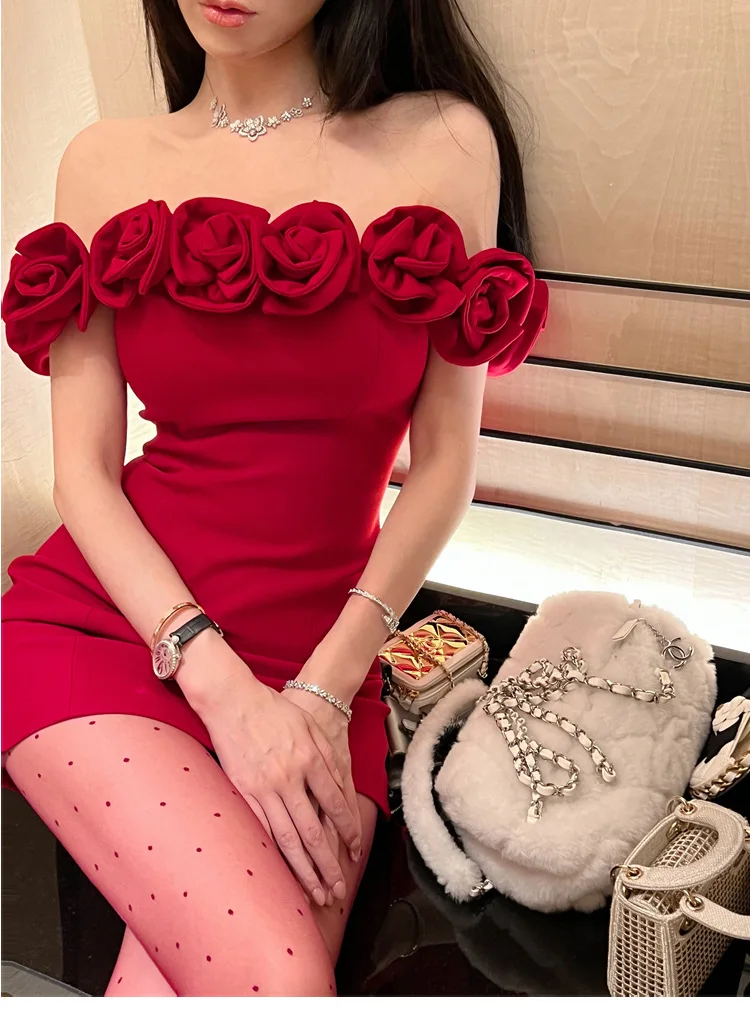 Lingzhi Wu Wine Red Dress, Handmade Rose, Slash Neck, Sexy Slim Waist, Bud, Ladies Formal Dresses, Female, Off The Shoulder