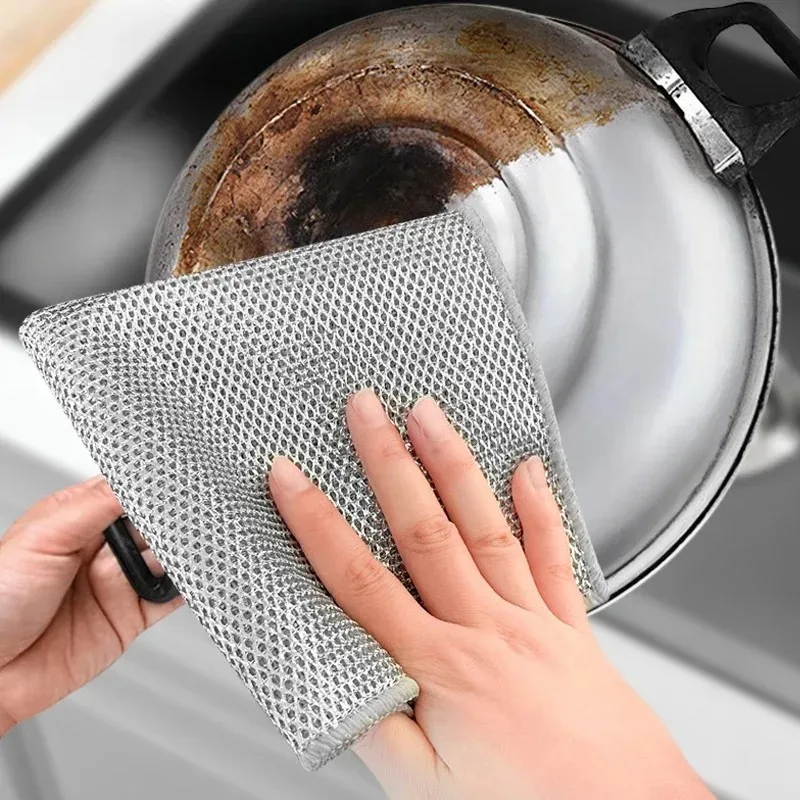 Magic Steel Wire Cleaning Cloths Double -sided Thickened Metal Silver Wires Rags Kitchen Dish Pot Washing Cloth Towel Clean Tool