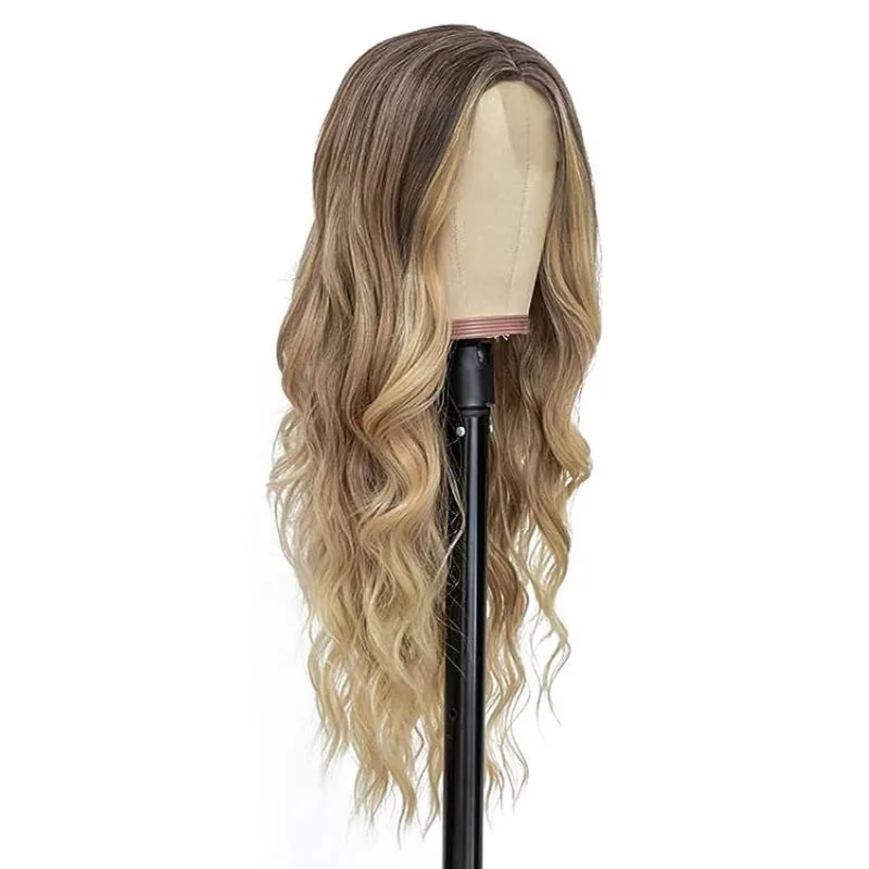 Gradient gold long curly hair  women's small lace wig synthetic fiber headband