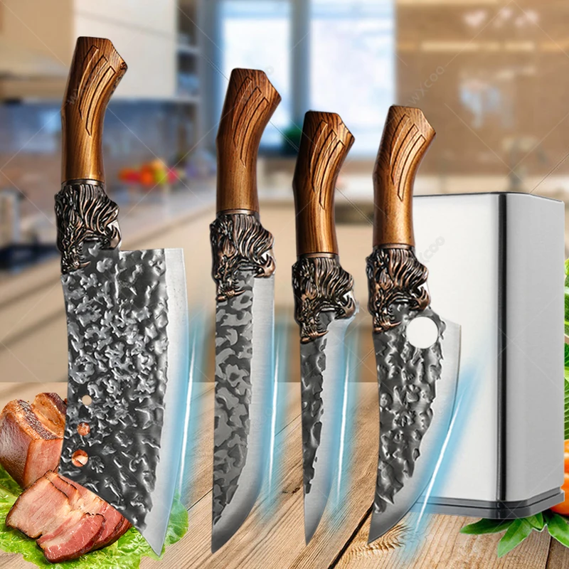 

High Hardness Forged Boning Knives Stainless Steel Meat Kitchen Knife 1-7pcs Non-slip Wooden Handle Dragon Design Kitchen Knife