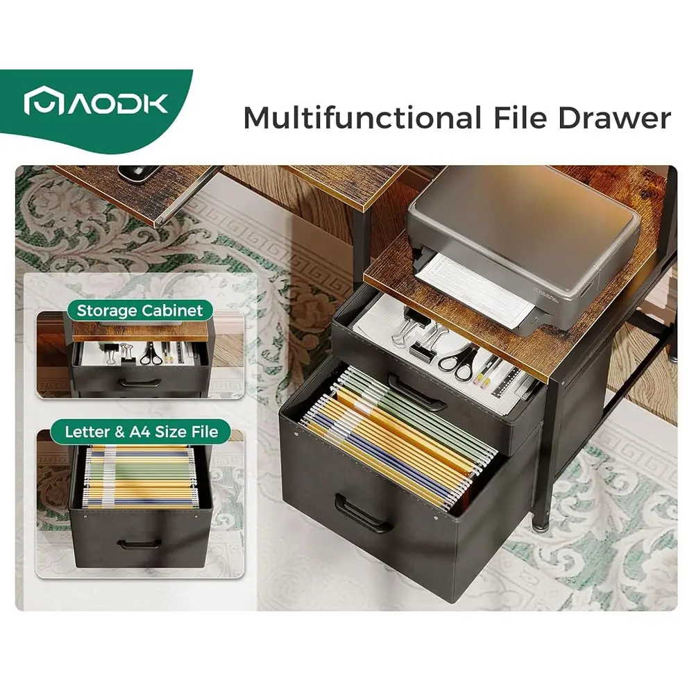 55"" Computer Desk With Fabric File Cabinet And Drawer, Reversible Office Desk With Power Outlet And Led Light, Study Desk With