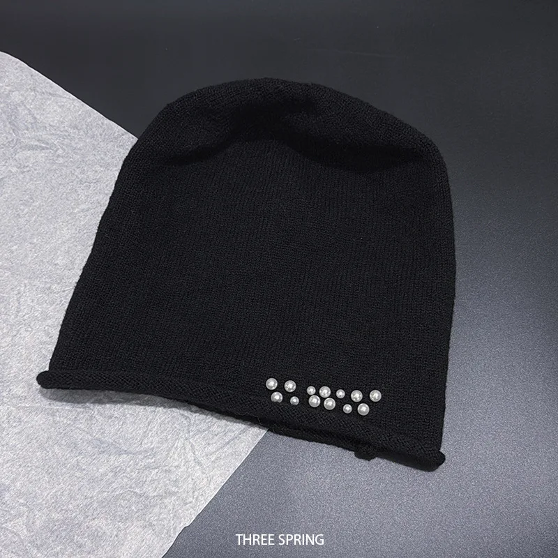 New Model Temperament Pearl Nail Drill Cold Caps Women's Autumn/Winter Keep Warm And Fashionable Tidal Current Knit Hats