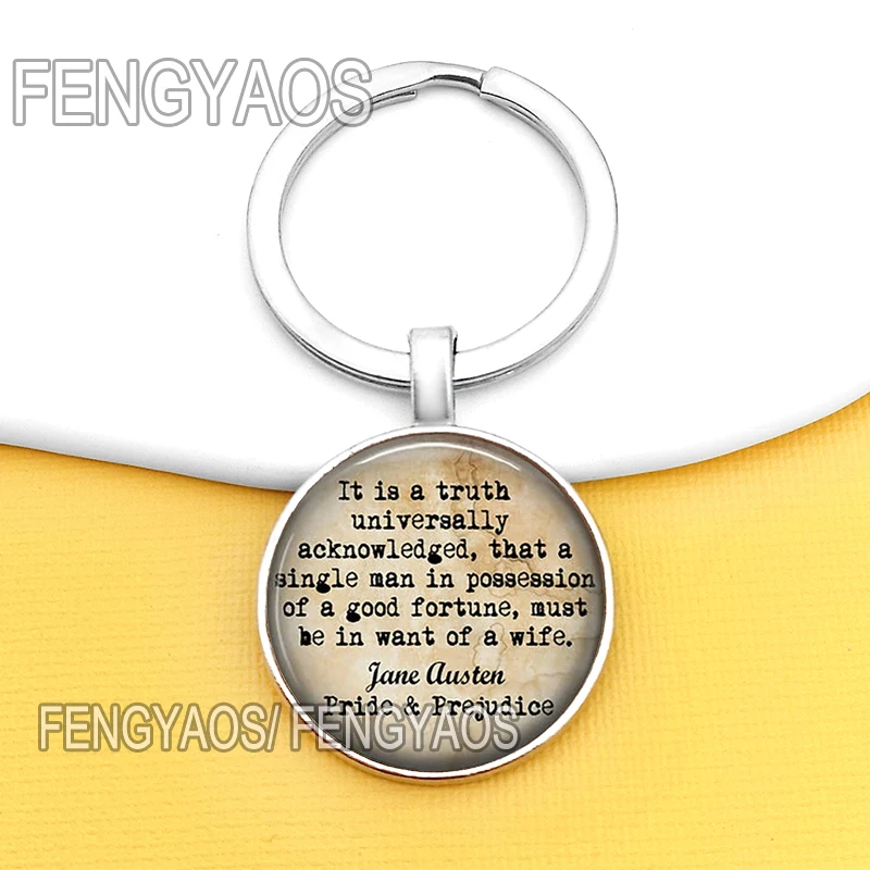 جاين أوستن اقتبس أقراط للباب ، سلاسل مفاتيح للفخر والتحامل ، سلسلة مفاتيح على شكل قبة زجاجية ، مجوهرات نسائية #4