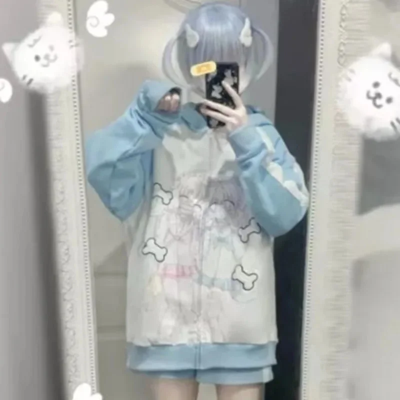 Y2K Aesthetic Dog Bone Sweater Hoodie Virtual Anime Subculture Raglan Sleeve Versatile Autumn Winter Cute Printing Top Coat New