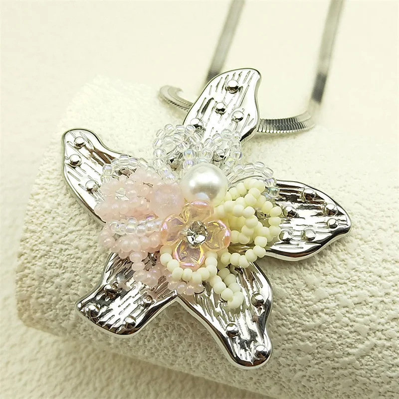

Exquisite Glass Beads Pearls Flower Stainless Steel Necklaces For Women Metal Crystal Choker Chain Party Birthday Gifts Jewelry