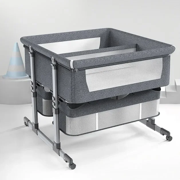 Customizable Twin Baby Bassinet Bed Metal Crib New Design Modern High Quality for Babies Gray and Khaki