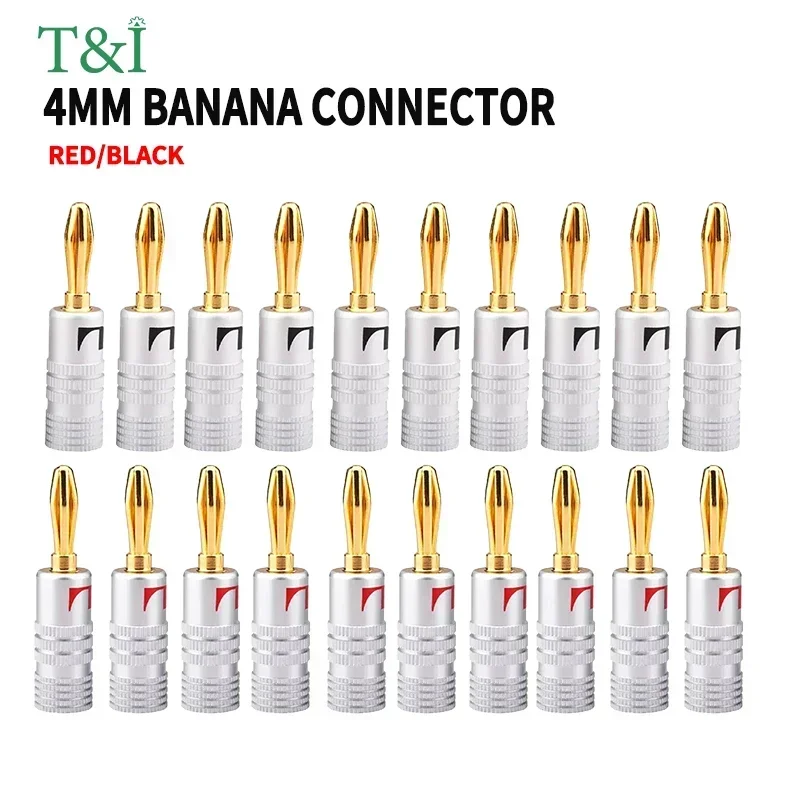 20pcs/10pairs 4MM Nut Banana Plugs 24K Gold-plated Connector With Screw Lock For Audio Jack Speaker Plugs Black&Red