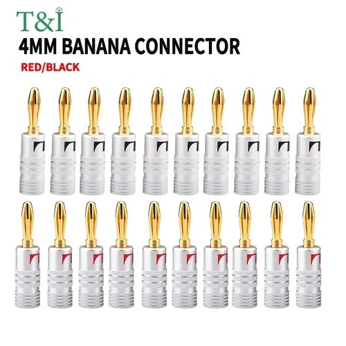 Imagen 1 del producto 20 piezas/10 pares de conectores Banana de tuerca de 4MM conector chapado en oro de 24K con bloqueo de tornillo para enchufes de altavoz Jack de Audio negro y rojo