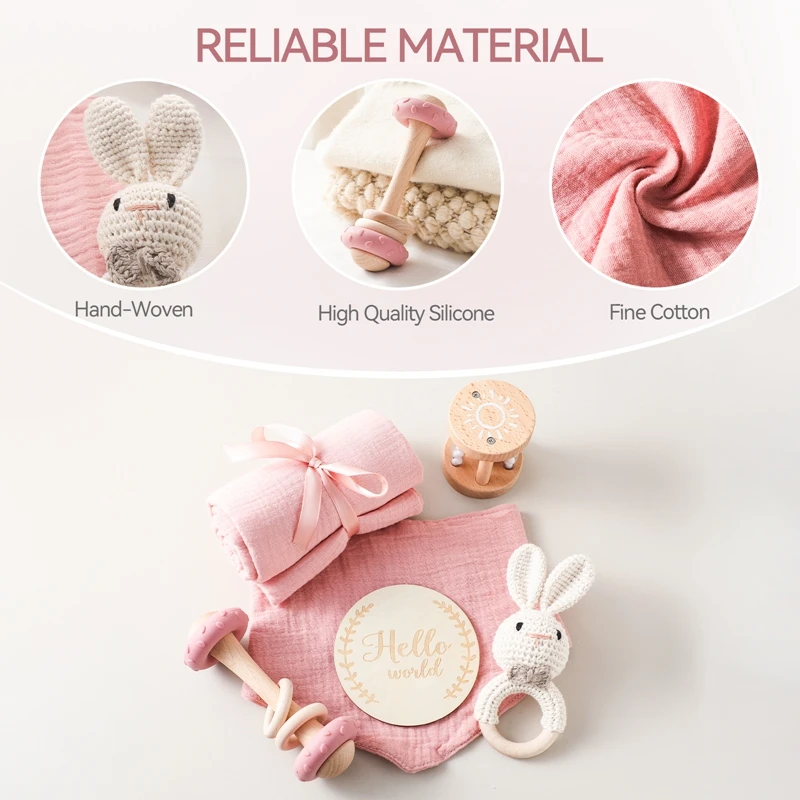 Newborn Baby Gift Box Bath Toy Set Crochet Bunny Rattle Blanket Hello World Sign Baby Shower Gift for Infant Girls Rattle Toy view 5