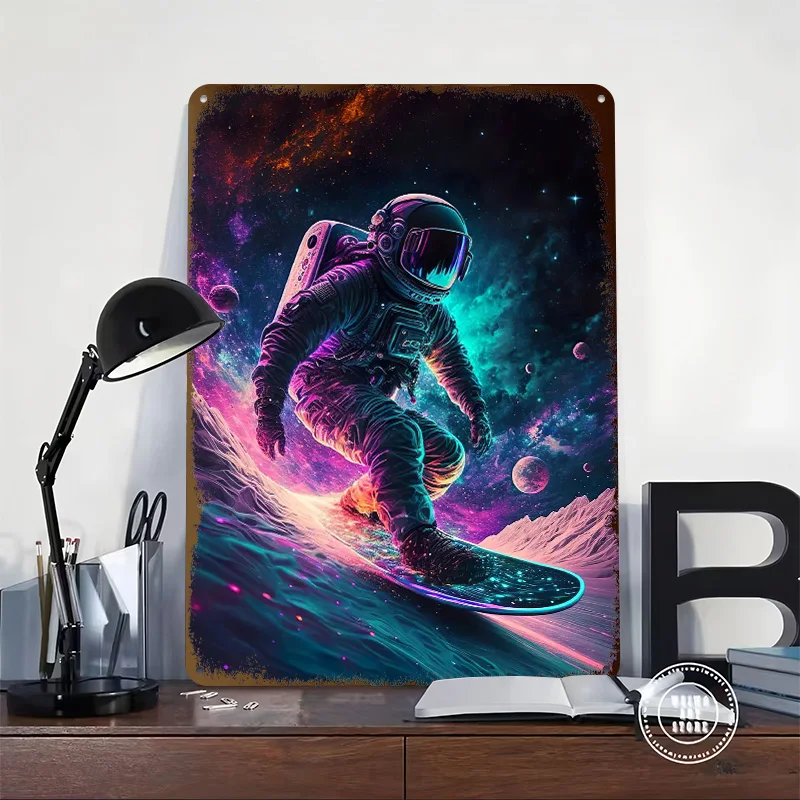 Space Surfer Tinplate Poster Custom Wall Art Vintage Metal Signs Retro Tin Plaque for Desk Decor Room Bedroom Decoration Garage