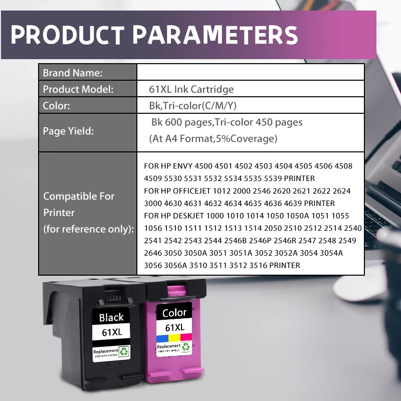 61XL Remanufactured for HP 61 61 XL Refilled Ink Cartridge for HP Envy 4500 4501 4502 4503 4504 4505 4506 4508 4509 5530 Printer