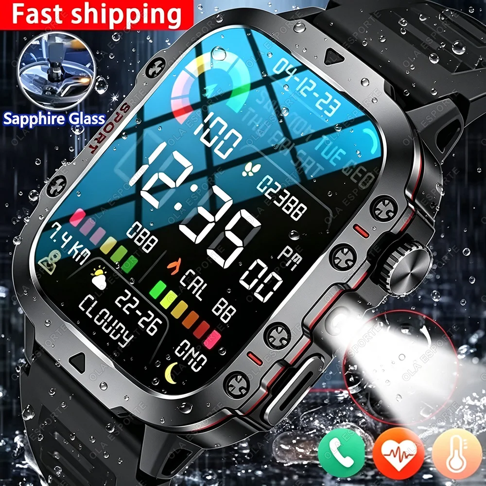 Rugged Military Smart Watch Men's Outdoor Watch LED Flashlight 1.44'' HD Touch Screen Voice Bluetooth Call Smartwatch Gifts H10