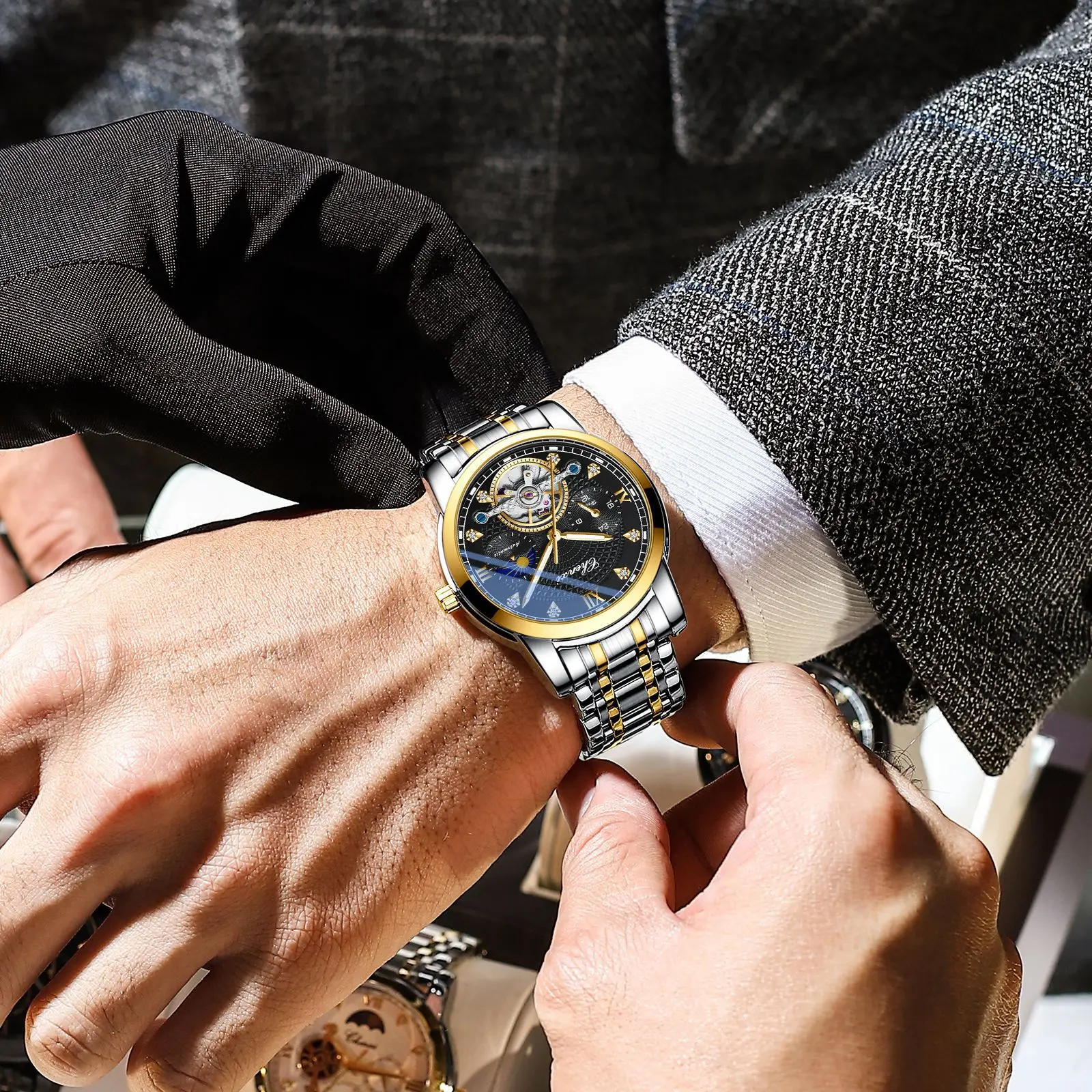 CHENXI 8870 Men Automatic Mechanical Watch Creative Business Luminous Flywheel Stainless Steel Wrist Watches for Male Gift