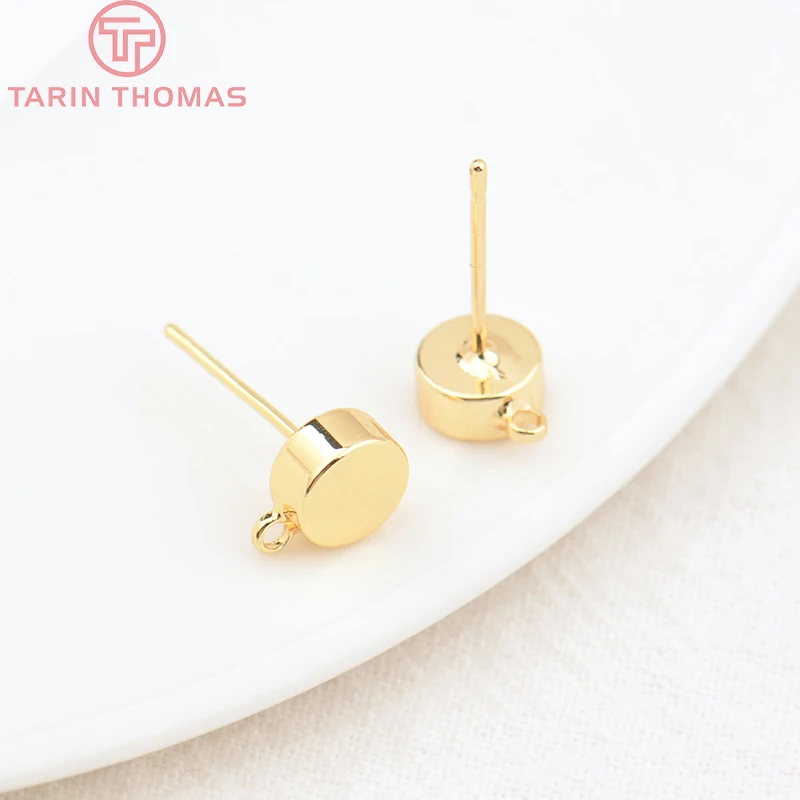 (2125)10PCS 6MM 24K 골드 컬러 황동 후크 구멍 라운드 스터드 귀걸이 핀 고품질 보석 액세서리