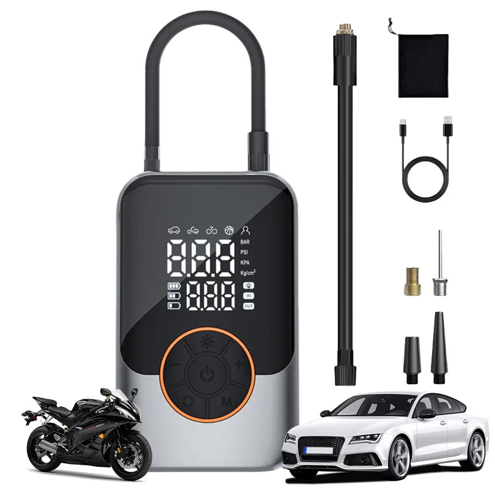 

Portable Tire Inflator with Nozzles Wireless Air Pump LCD Digital Display Electric Air Injector for Car Bike Motorcycle