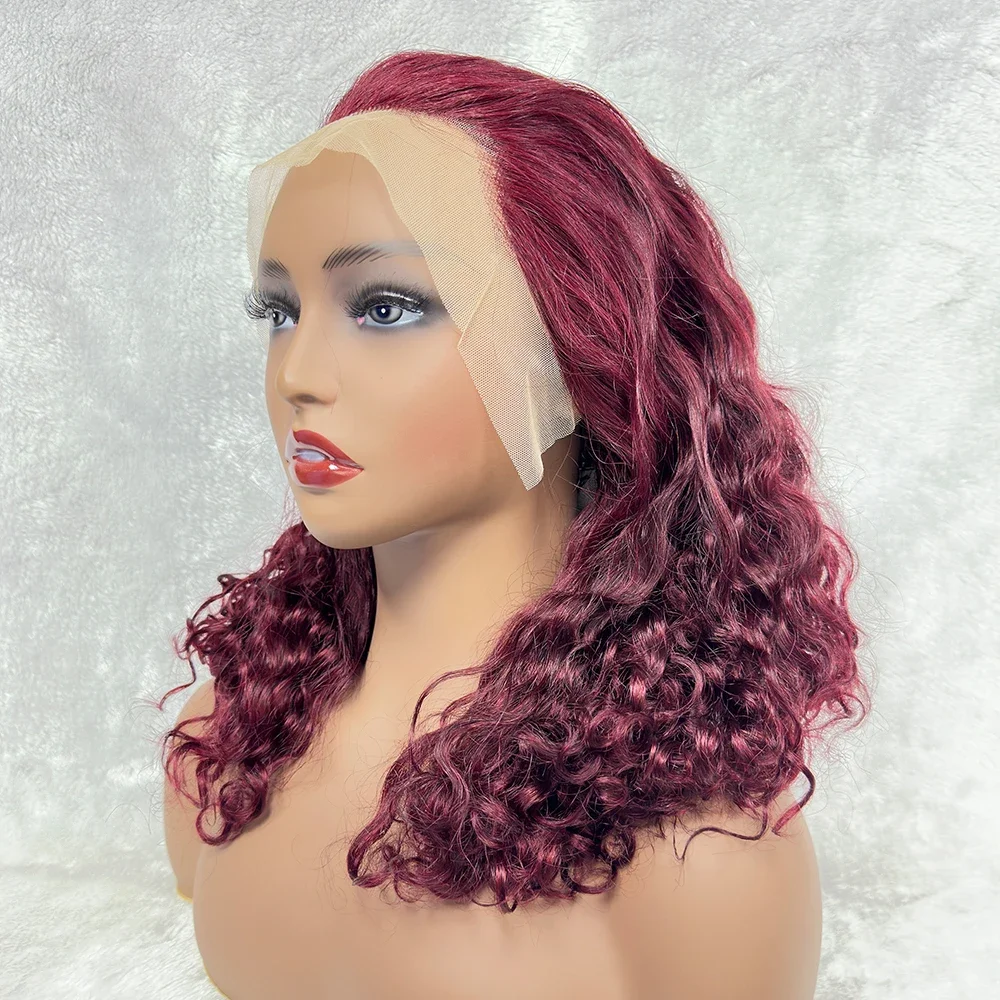 13x4 Deep Wave Lace Frontal Wig Human Hair 99J Burgundy Full Lace Front Wigs Red Colored HD Pixie Curly India Human Hair Wigs