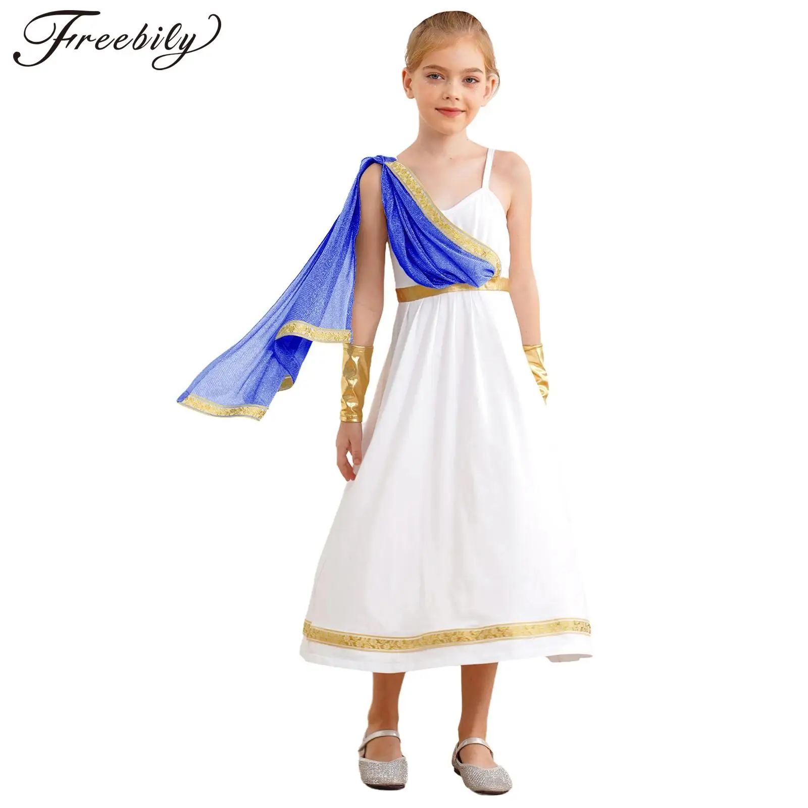 

Girls Ancient Greek Roman Princess Goddesses Toga Cape Cami Dress Church Worship Gown with Cuffs Halloween Party Cosplay Costume