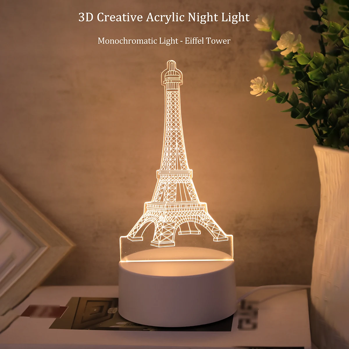 3D monochromatic Eiffel Tower acrylic small night light LED atmosphere decoration night light suitable for bedrooms, study rooms