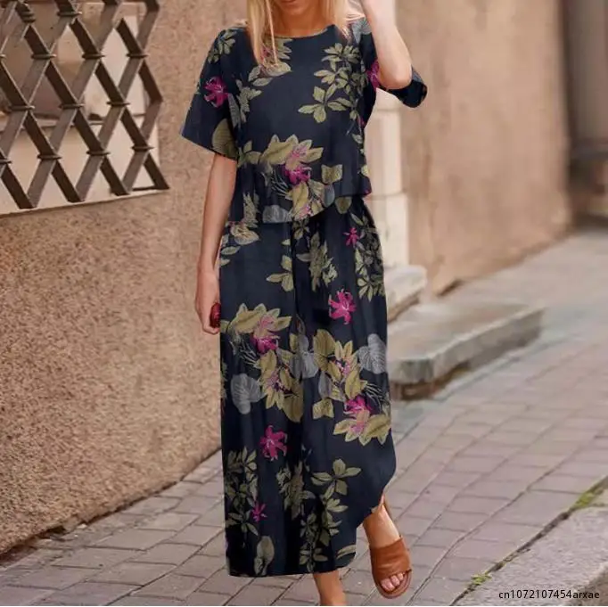 Chándal Floral de pierna ancha para mujer, conjuntos de algodón a juego, pantalón de manga corta con estampado bohemio, informal, verano, 2023