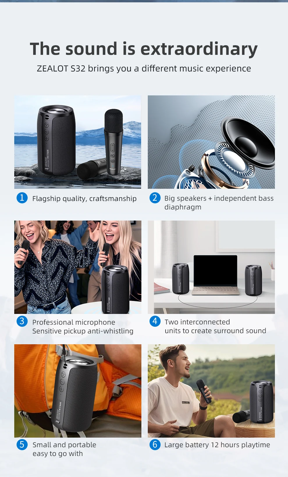 ZEALOT-S32 Tragbarer Bluetooth-Lautsprecher, Kabelloser Lautsprecher mit 2 Mikrofonen, für Strandpartys und Geburtstagsfeiern, Wasserdichter Lautsprecher – Detail 7