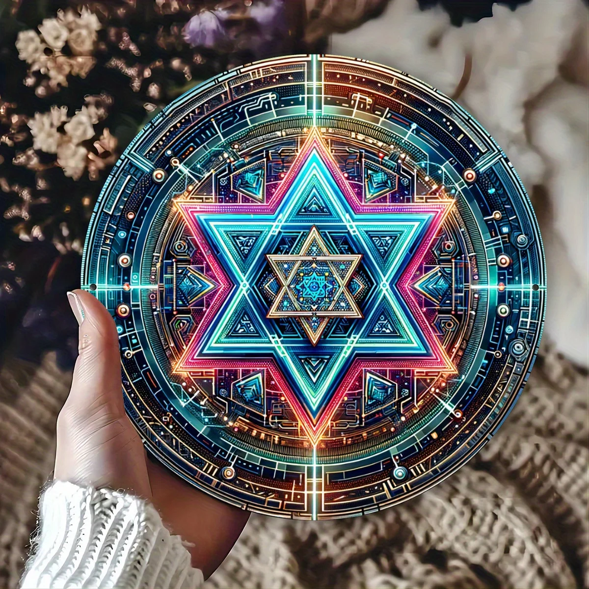 Letrero de aluminio colgante de estrella de David Vintage, elegante corona redonda para jardín, 8 pulgadas, plateado, herramienta y suministro para manualidades, estera duradera, 1 ud.