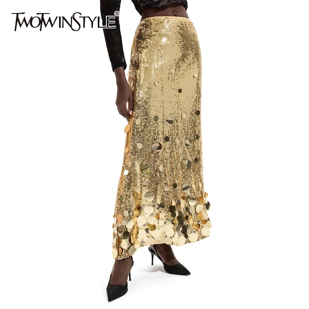TWOTWINSTYLE Gold Spliced Sequins Party Skirt Female High Waist Loose Light Luxury Women's Long Skirts Autumn New Fashion Style
