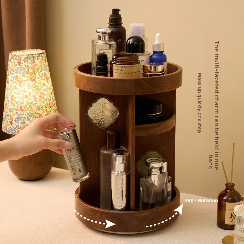 

Solid Wood Rotating Makeup Organizer, Desktop Storage Rack, Vanity Table Cosmetic Stand, Multi-Functional Beauty Display Shelf