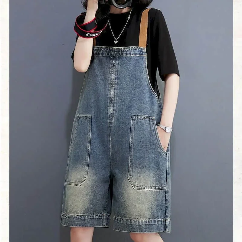 Celana Kodok untuk Wanita Denim Vintage Kasual Fashion Korea Pakaian Bermain Solid Celana Pendek Kaki Lebar Longgar Pakaian Satu Potong Pakaian Wanita