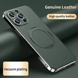 Magnetic Leather Holder Phone Case for Magsafe Ring Plating Lens Protection Back Cover for iPhone 14 15 Pro Max 13Pro 16
