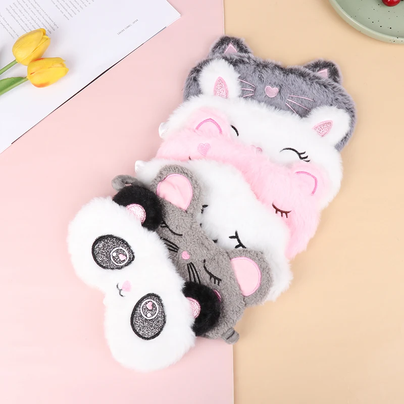 1PCS Plush Cute Grey Cat Eye Mask Sleeping Mask Eye Shade Cover Blindfold Eyeshade Eyepatch Suitable for Travel Home Gift