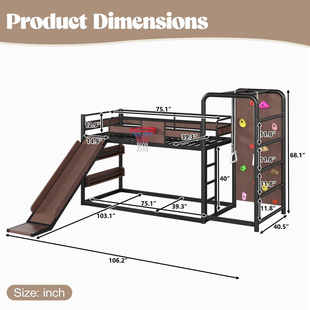 Orraves Twin Size Metal Loft Bed With Slide Basketball Hoop Climbing Wall Pull Up Rings Built In Bookshelves Playful Kids Bedroom Bed Frame Black