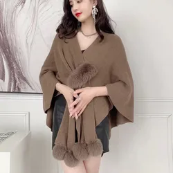 2024 New Autumn Women irregular Knitted Sweater Shawl With Faux Fur Pom pom Cashmere Sweater Cape Female Winter Pashmina Wraps