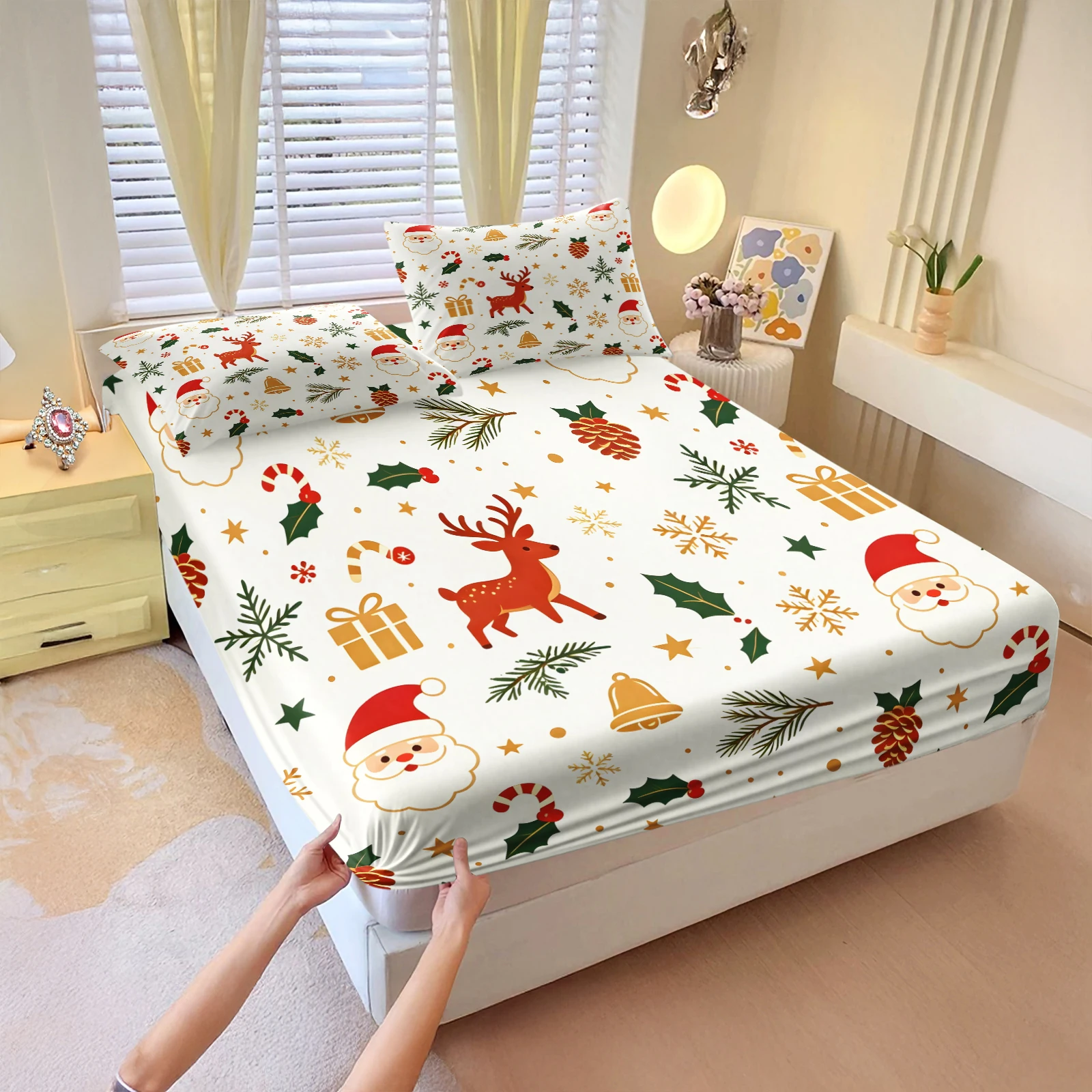 White Christmas Fitted Sheet Set Santa Reindeer Bell Pine Cone Candy Cane Gift Print Deep‑Pocket Mattress Cover Holiday Bedroom