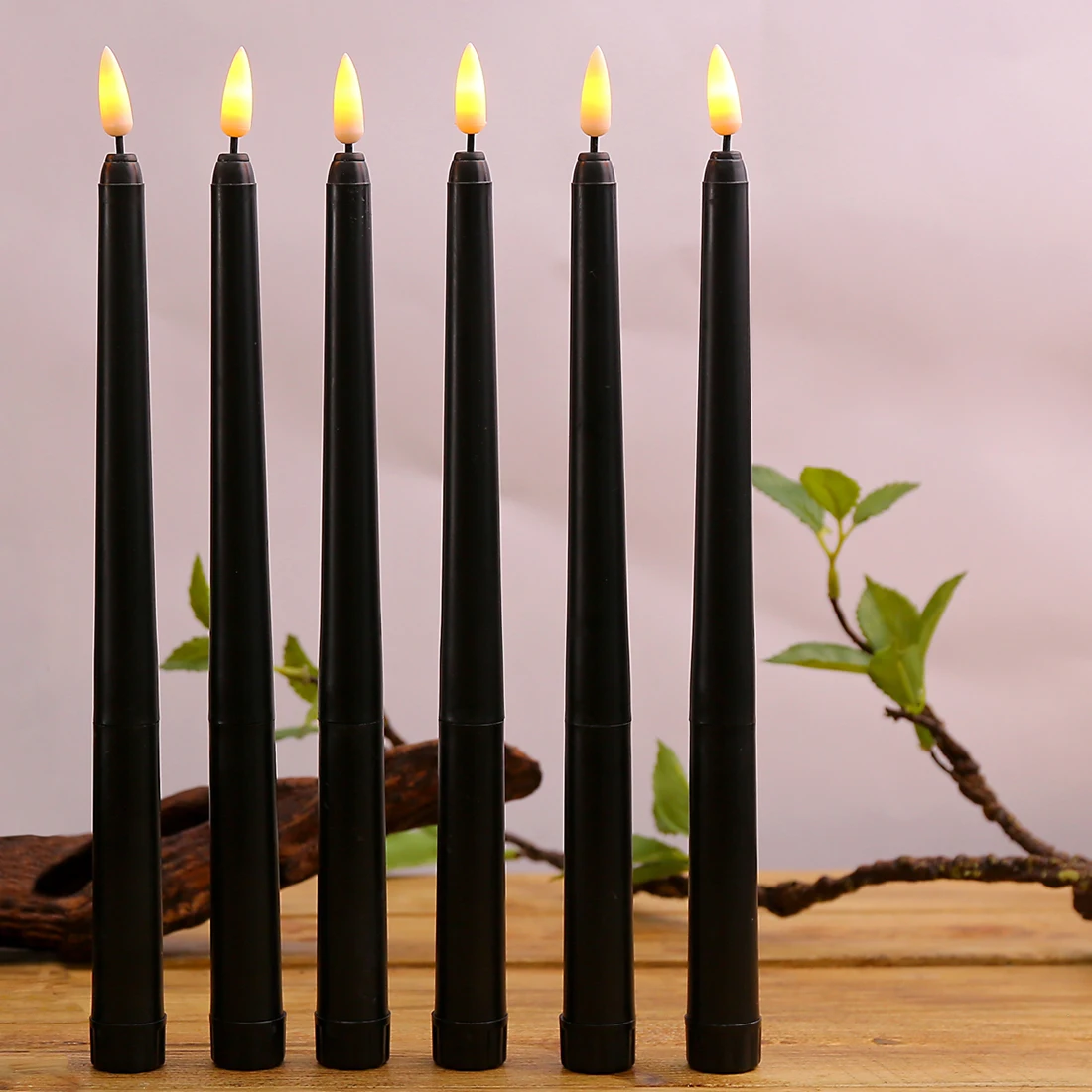 3 or 6 Pieces Black Flameless LED Taper Candles 11 inch,Plastic Realistic Flickering Decorative Halloween Candle Light