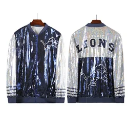 Chaqueta Bomber con lentejuelas para mujer, Blazer informal de manga larga con cremallera frontal para fiesta, Blue Lions