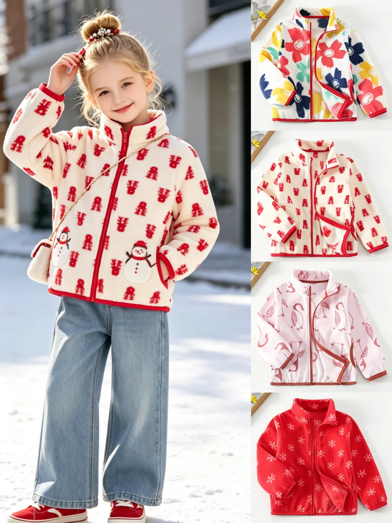 Spring and Autumn style girls' fleece jacket, stand up collar zipper style, fashionable and versatile, multiple prints, suitable