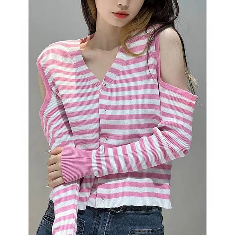 Spring Autumn French Style V-neck Off Shoulder Striped Tops Women Clothing Chic V-neck Clavicle Sweaters Casual Y2k Cardigan