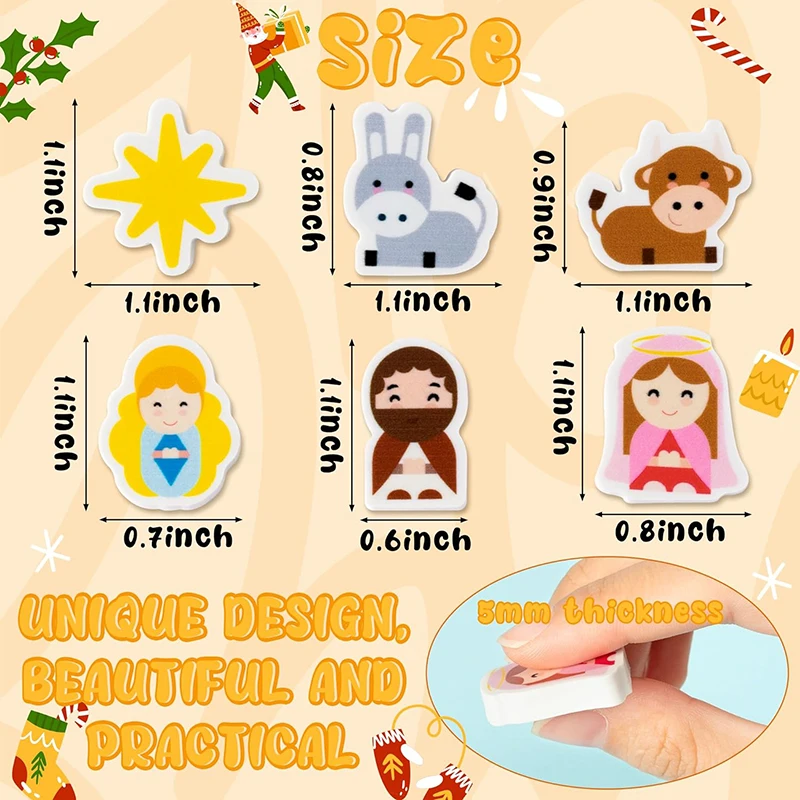 60Pcs Christmas Nativity Mini Bulk Erasers Religious Bible Cartoon Pattern Eraser Classroom Reward Game Prizes Christian Party