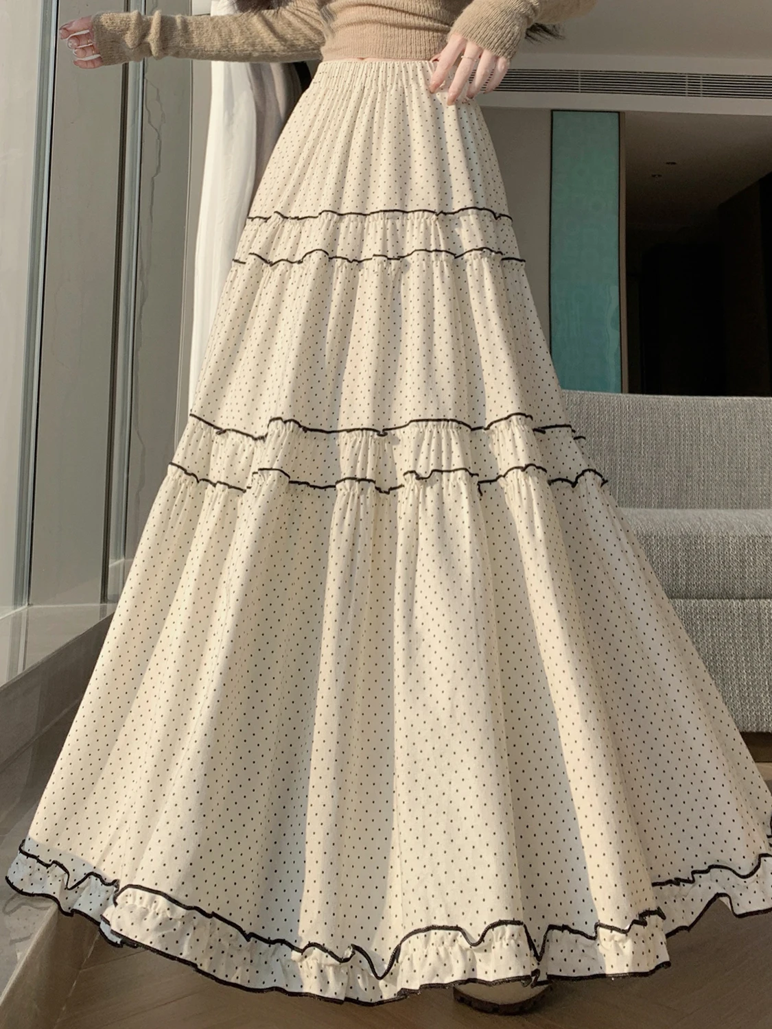 

Корейская юбка в горошек с рюшами, женская юбка-трапеция с высокой талией, утягивающая длинная юбка, весна 2026, Новое поступление